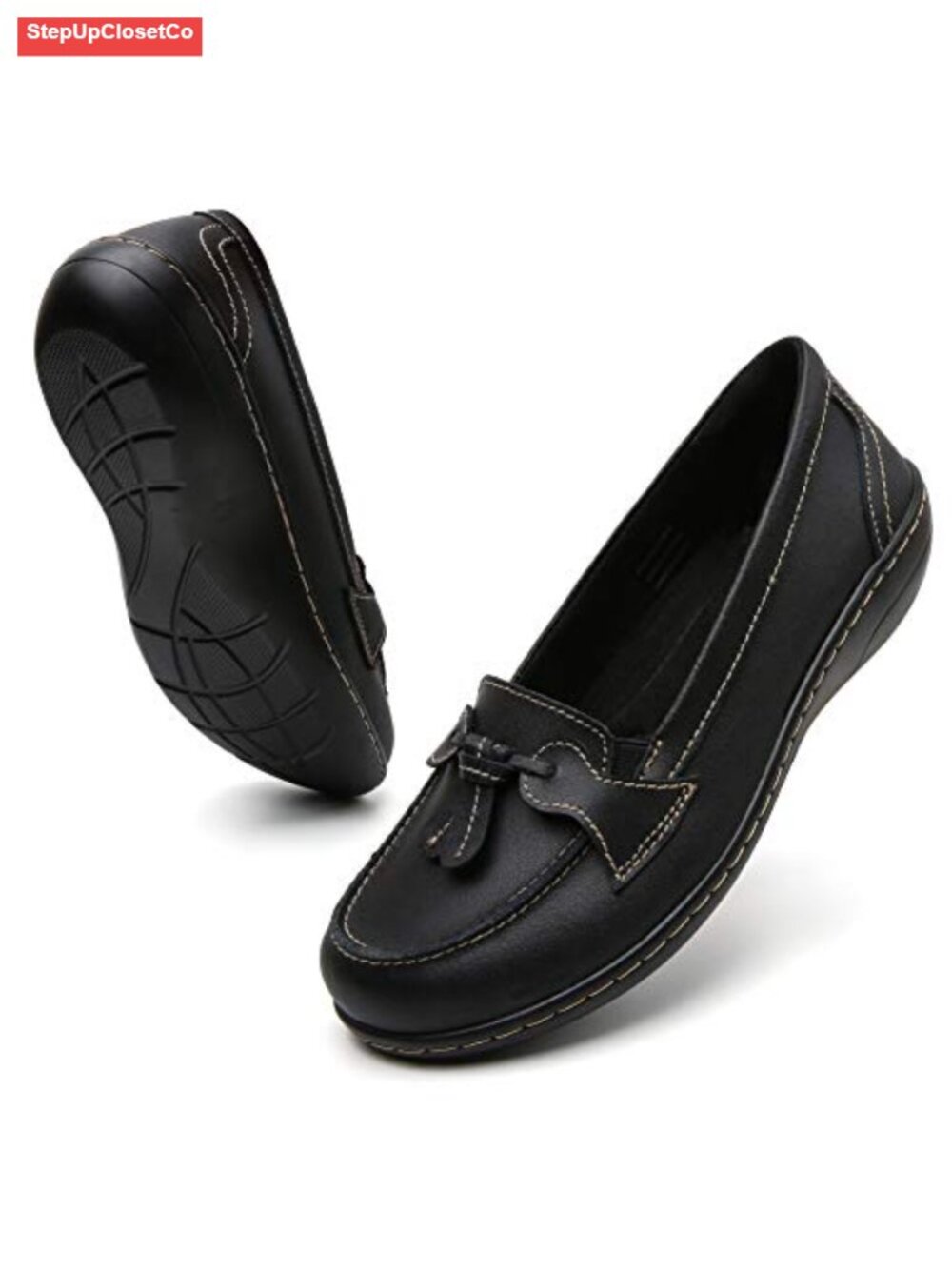 Leather Slip On Loafers for Women Memory Foam Tassel Dress Shoes